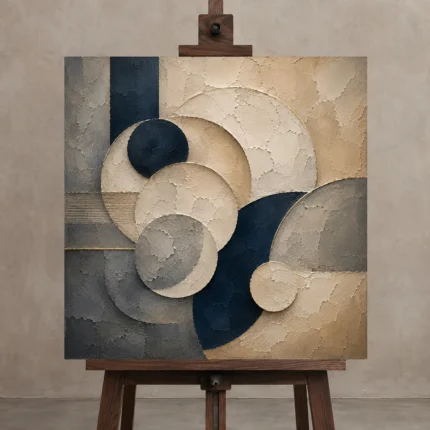 Refined Circular Abstract Office Wall Art Canvas Print displayed on a studio easel