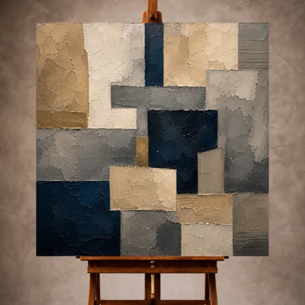 Sandstone and navy Abstract Office Wall Art print featuring asymmetrical geometric blocks over mineral textures for elegant interiors