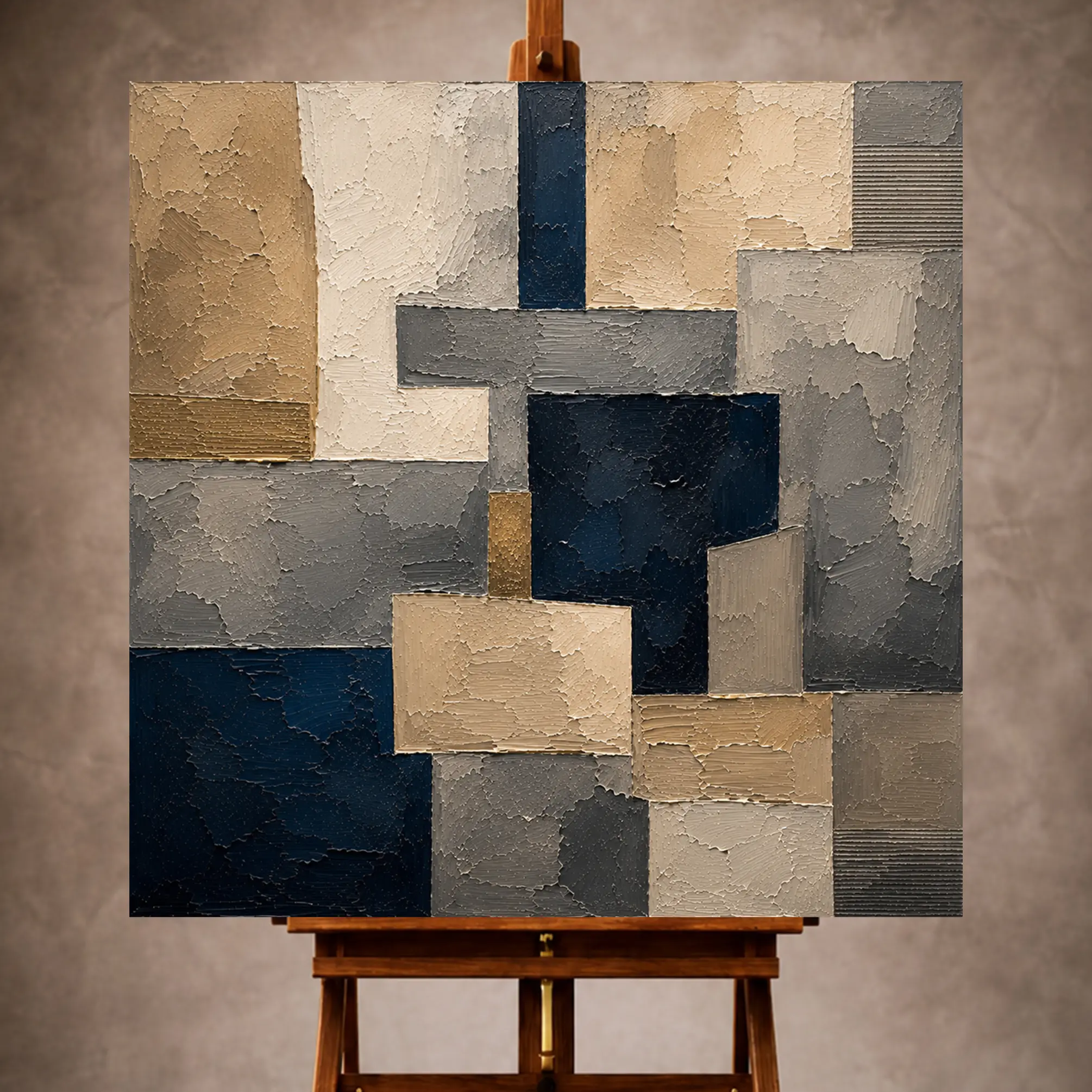 Premium Wall Art Kare Html Edition – 0ffice032 Image 1 Sandstone and navy Abstract Office Wall Art print featuring asymmetrical geometric blocks over mineral textures for elegant interiors