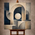 Creamy beige and navy Abstract Office Wall Art print featuring intersecting arches and textured planes for elegant interiors