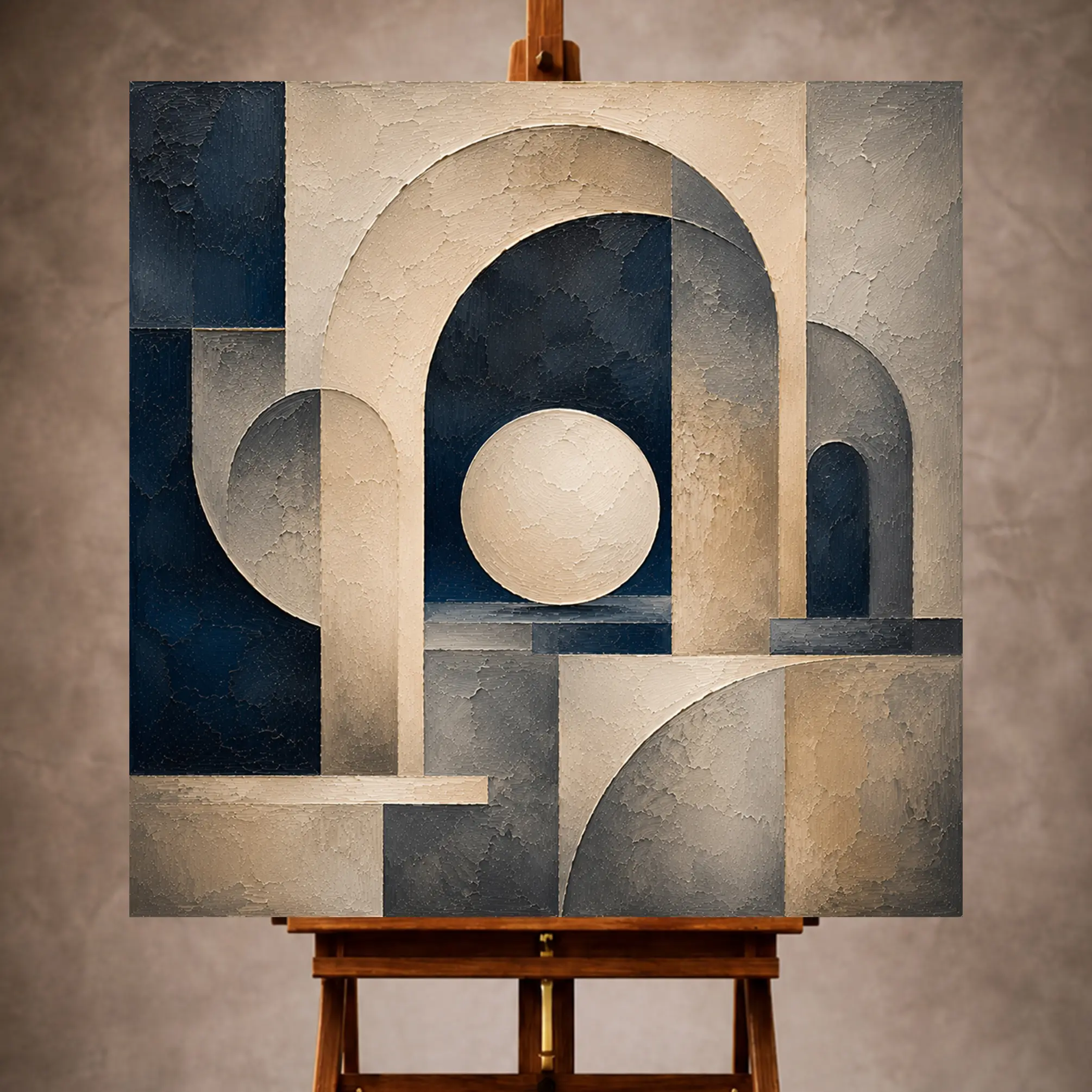 Premium Wall Art Kare Html Edition – 0ffice033 Image 1 Creamy beige and navy Abstract Office Wall Art print featuring intersecting arches and textured planes for elegant interiors