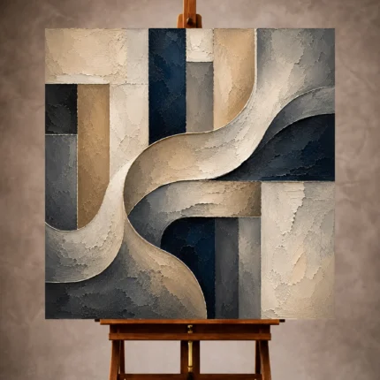 Warm neutral Abstract Office Wall Art print featuring sculptural flowing curves and textured rectangular forms for elegant interiors