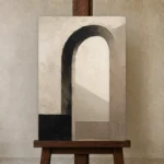 Serene Neutral Arch Minimal Office Wall Art Canvas Print displayed on a studio easel