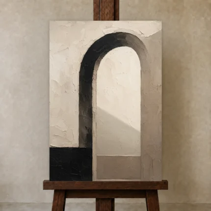 Serene Neutral Arch Minimal Office Wall Art Canvas Print shown in Studio Easel
