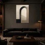 Serene Neutral Arch Minimal Office Wall Art Canvas Print shown in a warm modern interior