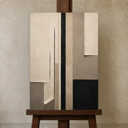 Neutral Linear Minimal Office Wall Art Canvas Print shown in Studio Easel