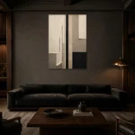 Neutral Linear Minimal Office Wall Art Canvas Print shown in a warm modern interior
