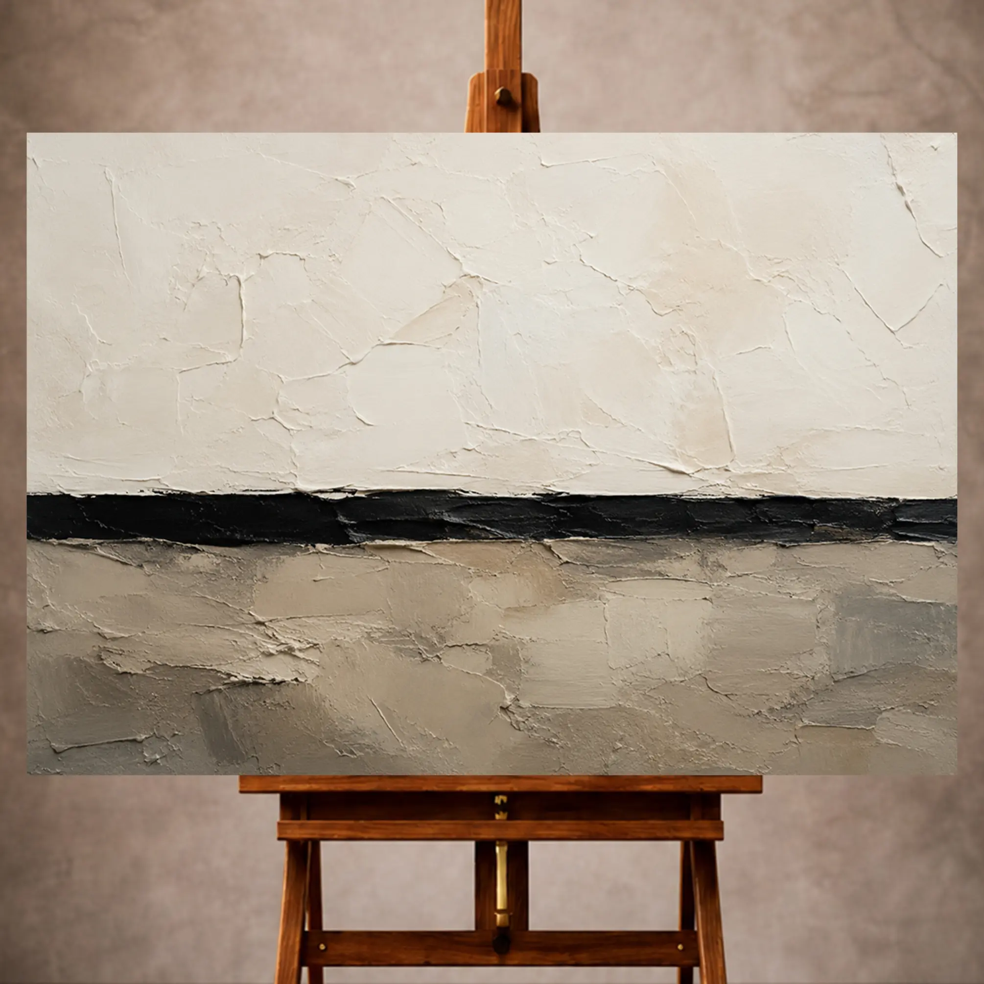 Premium Wall Art Yatay Html Edition – 0ffice041 Image 1 Serene neutral Minimal Office Wall Art print featuring sculptural plaster planes and a black horizon line for elegant interiors