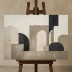 Panoramic Architectural Minimal Office Wall Art Canvas Print displayed on a studio easel