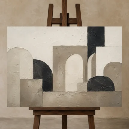 Panoramic Architectural Minimal Office Wall Art Canvas Print displayed on a studio easel