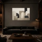 Panoramic Architectural Minimal Office Wall Art Canvas Print shown in a warm modern interior