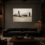 Serene Architectural Minimal Office Wall Art Canvas Print shown in a warm modern interior