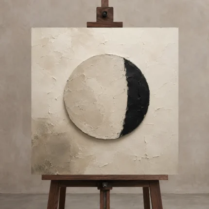 Sculptural Circle Minimal Office Wall Art Canvas Print displayed on a studio easel