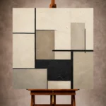 Warm neutral Minimal Office Wall Art print featuring intersecting architectural lines and textured geometric blocks for elegant interiors
