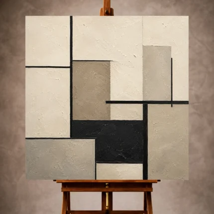 Warm neutral Minimal Office Wall Art print featuring intersecting architectural lines and textured geometric blocks for elegant interiors
