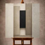 Timeless neutral Minimal Office Wall Art print featuring textured vertical slabs and a recessed central form for elegant interiors