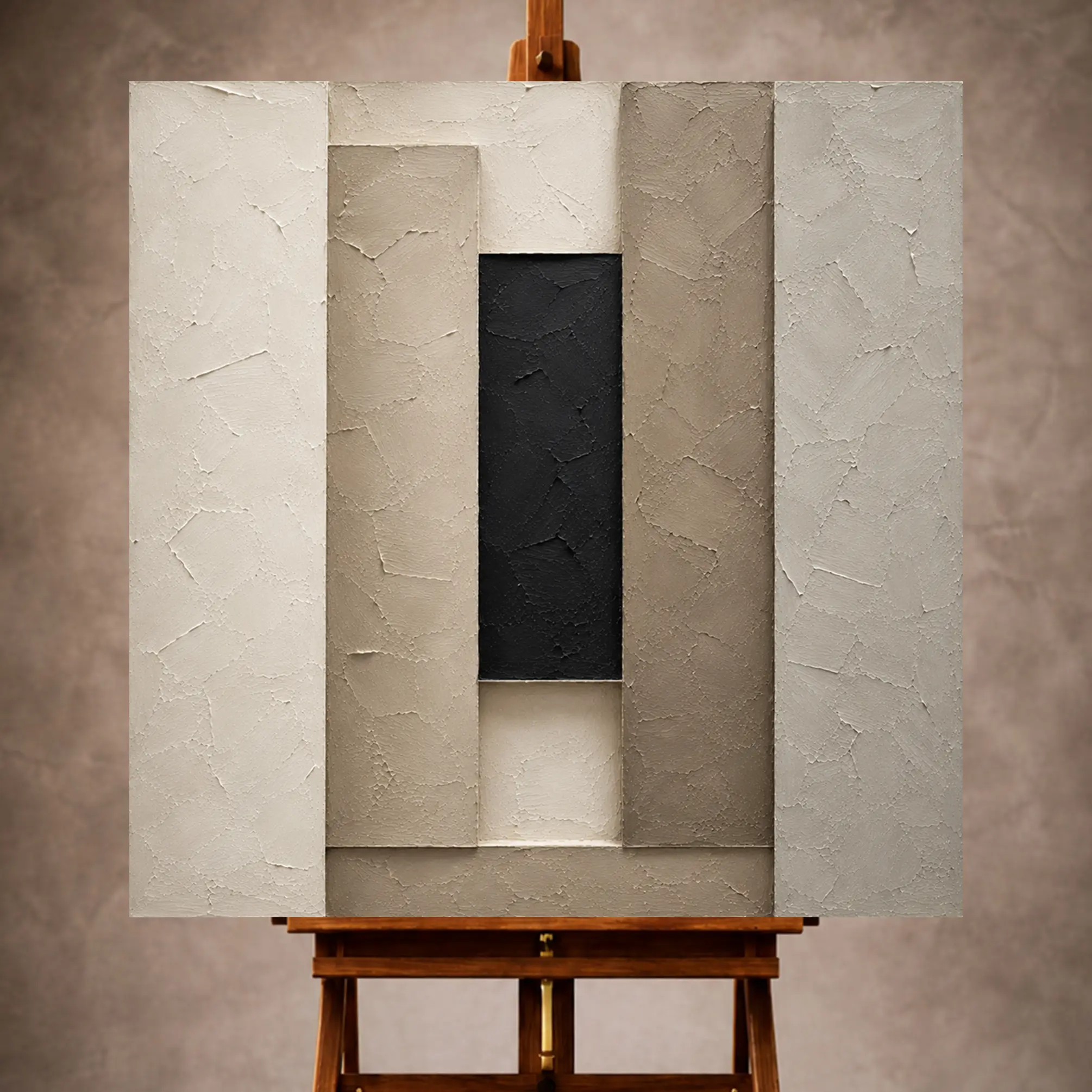 Premium Wall Art Kare Html Edition – 0ffice050 Image 1 Timeless neutral Minimal Office Wall Art print featuring textured vertical slabs and a recessed central form for elegant interiors