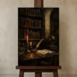 Moody Library Alcove Dark Academia Office Art Canvas Print displayed on a studio easel
