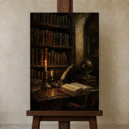 Moody Library Alcove Dark Academia Office Art Canvas Print shown in Studio Easel