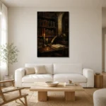Moody Library Alcove Dark Academia Office Art Canvas Print styled in a refined neutral interior