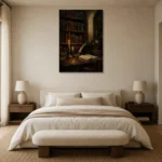Moody Library Alcove Dark Academia Office Art Canvas Print showcased in an elegant minimalist interior