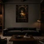 Moody Bust Study Dark Academia Office Art Canvas Print shown in a warm modern interior