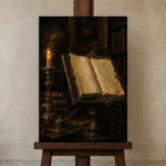 Candlelit Manuscript Dark Academia Office Art Canvas Print displayed on a studio easel