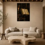 Candlelit Manuscript Dark Academia Office Art Canvas Print presented in a sophisticated home setting