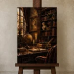 Sepia Scholarly Study Dark Academia Office Art Canvas Print displayed on a studio easel
