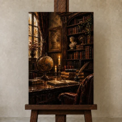 Sepia Scholarly Study Dark Academia Office Art Canvas Print shown in Studio Easel