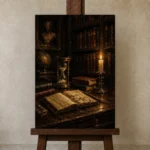 Candlelit Writing Table Dark Academia Office Art Canvas Print displayed on a studio easel