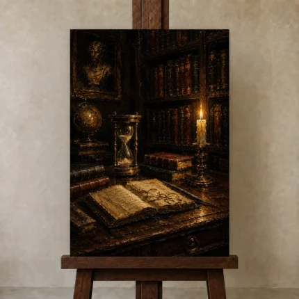 Candlelit Writing Table Dark Academia Office Art Canvas Print shown in Studio Easel