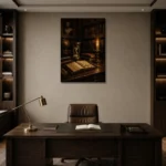 Candlelit Writing Table Dark Academia Office Art Canvas Print displayed in a contemporary gallery-inspired room