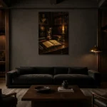 Candlelit Writing Table Dark Academia Office Art Canvas Print shown in a warm modern interior
