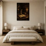 Candlelit Writing Table Dark Academia Office Art Canvas Print showcased in an elegant minimalist interior