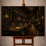 Moody Dark Academia Office Art print featuring a grand library with walnut bookshelves, rolling ladders, and candlelit reading table for elegant interiors