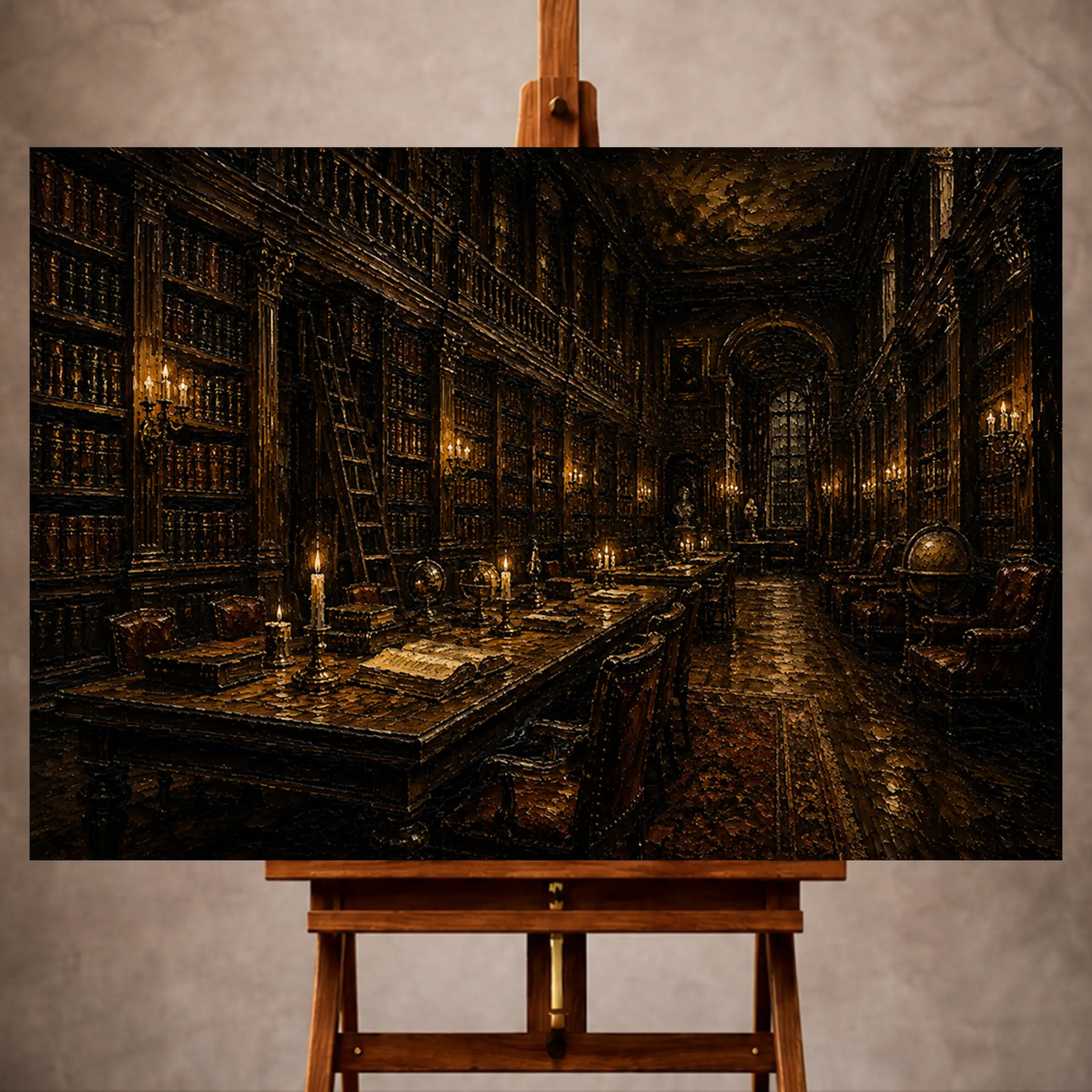 Premium Wall Art Yatay Html Edition – 0ffice056 Image 1 Moody Dark Academia Office Art print featuring a grand library with walnut bookshelves, rolling ladders, and candlelit reading table for elegant interiors
