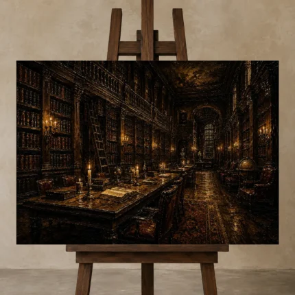 Moody Grand Library Dark Academia Office Art Canvas Print displayed on a studio easel