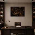 Moody Grand Library Dark Academia Office Art Canvas Print displayed in a contemporary gallery-inspired room