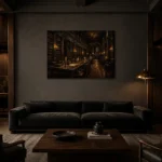 Moody Grand Library Dark Academia Office Art Canvas Print shown in a warm modern interior