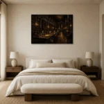 Moody Grand Library Dark Academia Office Art Canvas Print showcased in an elegant minimalist interior