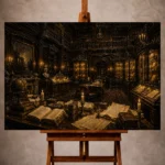 Moody Dark Academia Office Art print featuring an antique archive with leather-bound books, oak paneling, and candlelit manuscripts for elegant interiors