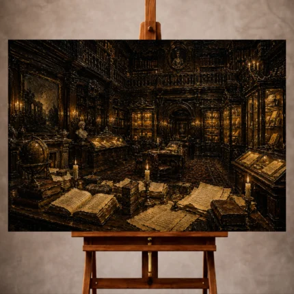 Moody Dark Academia Office Art print featuring an antique archive with leather-bound books, oak paneling, and candlelit manuscripts for elegant interiors