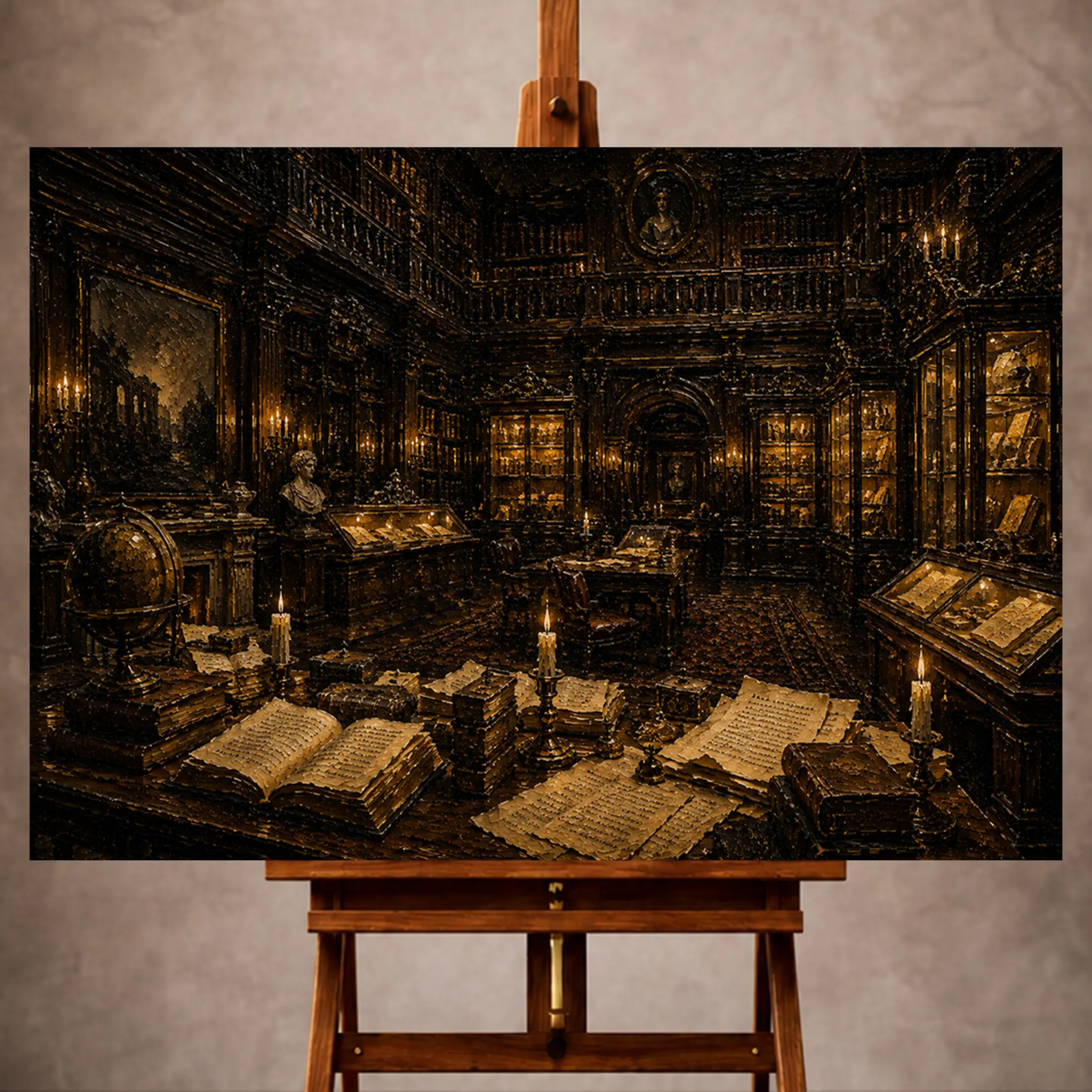 Premium Wall Art Yatay Html Edition – 0ffice057 Image 1 Moody Dark Academia Office Art print featuring an antique archive with leather-bound books, oak paneling, and candlelit manuscripts for elegant interiors