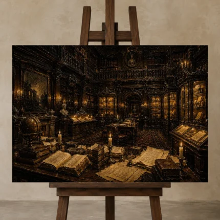 Historic Archive Dark Academia Office Art Canvas Print shown in Studio Easel