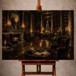 Warm Dark Academia Office Art print featuring a candlelit reading salon with velvet armchairs, marble columns, and towering bookcases for elegant interiors