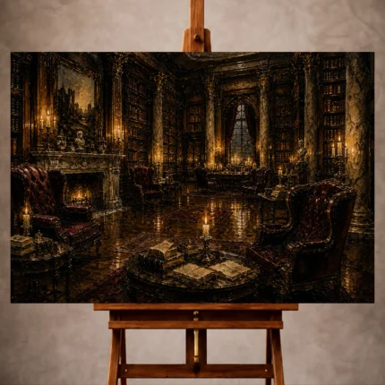 Warm Dark Academia Office Art print featuring a candlelit reading salon with velvet armchairs, marble columns, and towering bookcases for elegant interiors