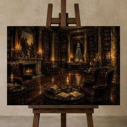 Candlelit Reading Salon Dark Academia Office Art Canvas Print shown in Studio Easel