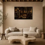 Candlelit Reading Salon Dark Academia Office Art Canvas Print presented in a sophisticated home setting