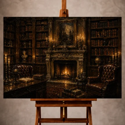 Warm Dark Academia Office Art print featuring antique books and a monumental stone fireplace with candlelit architectural detail for elegant interiors